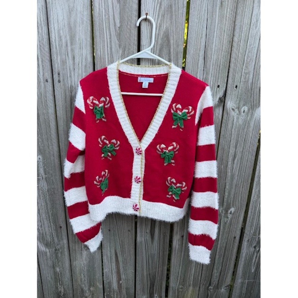 Holiday Festive Jolly Sweaters Cardigan Medium Red Candy Cane Sequin Cropped